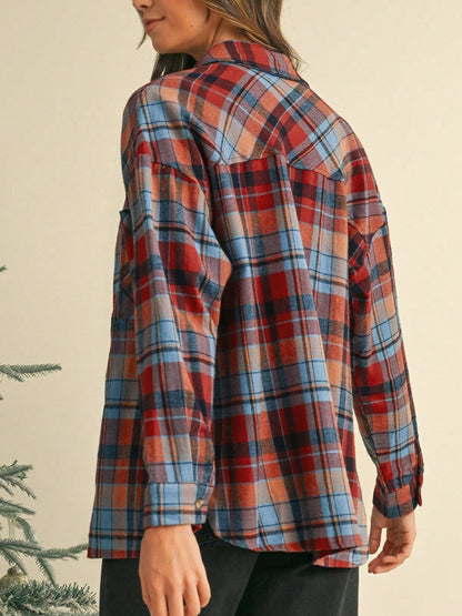 Boho Retro Button Up Vintage 90's Cotton Red Blue Plaid Print Drop Sleeve Loose Shirt Shacket