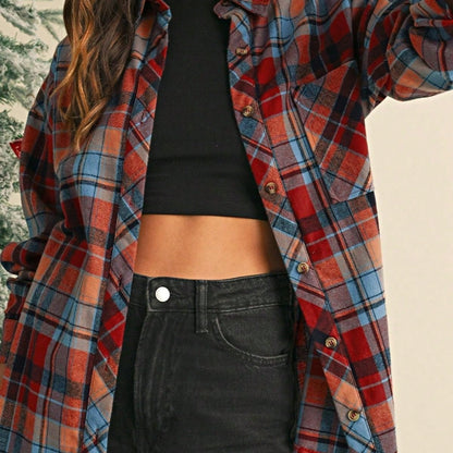Boho Retro Button Up Vintage 90's Cotton Red Blue Plaid Print Drop Sleeve Loose Shirt Shacket