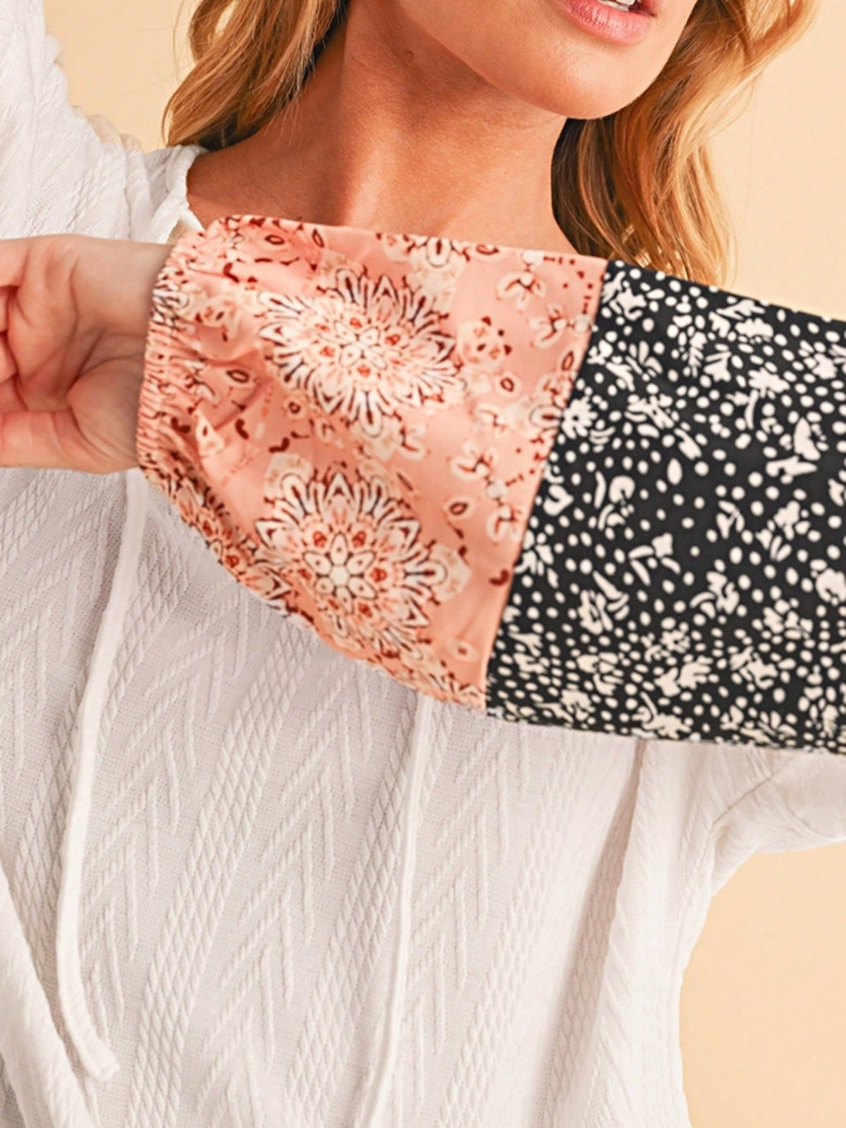 Boho Retro 90's Vintage Ditsy Floral V Neck Cable Knit Print  Bubble Puff Long Sleeve Tunic Drawstring Top Sweater