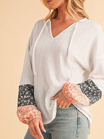 Boho Retro 90's Vintage Ditsy Floral V Neck Cable Knit Print  Bubble Puff Long Sleeve Tunic Drawstring Top Sweater