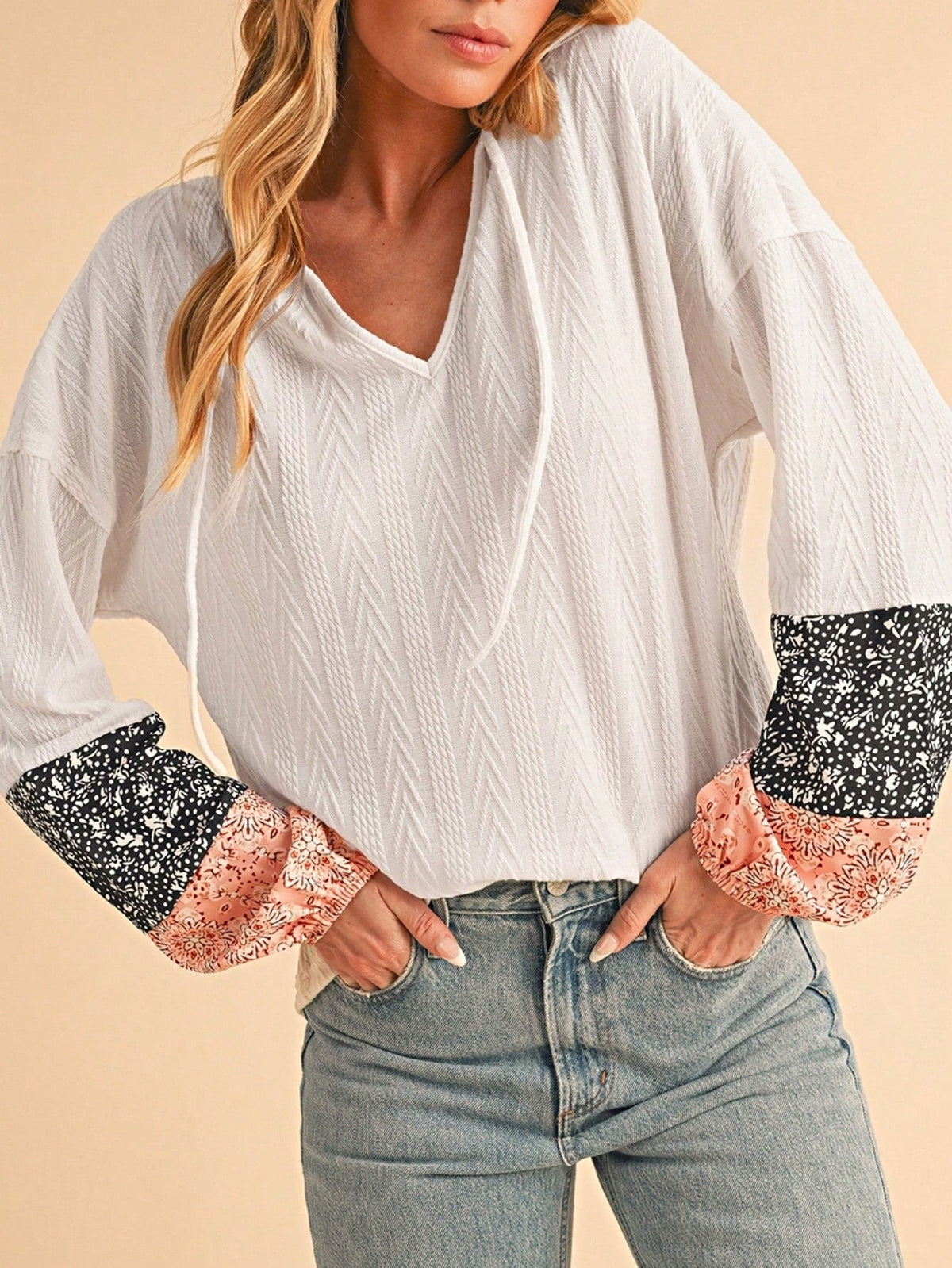 Boho Retro 90's Vintage Ditsy Floral V Neck Cable Knit Print  Bubble Puff Long Sleeve Tunic Drawstring Top Sweater