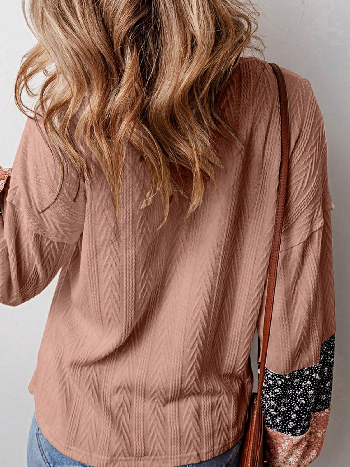 Boho Retro 90's Vintage Ditsy Floral V Neck Cable Knit Print  Bubble Puff Long Sleeve Tunic Drawstring Top Sweater