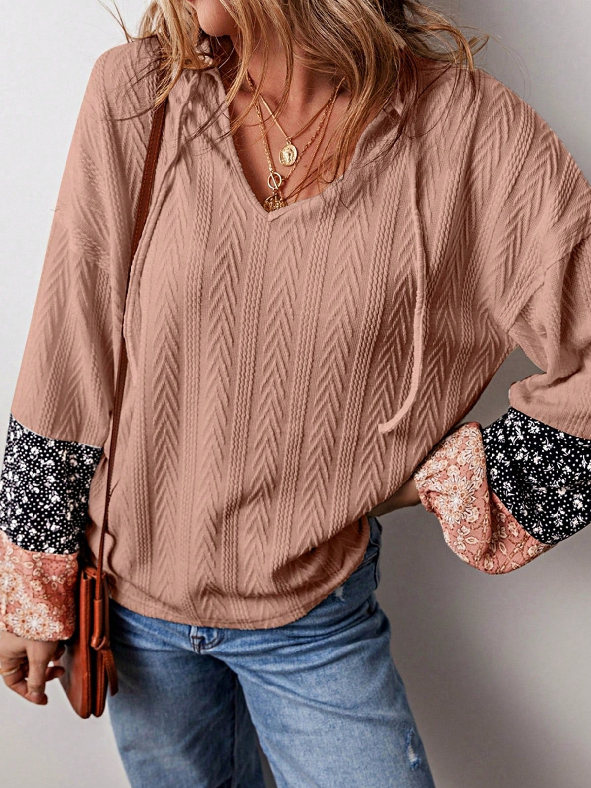 Boho Retro 90's Vintage Ditsy Floral V Neck Cable Knit Print  Bubble Puff Long Sleeve Tunic Drawstring Top Sweater
