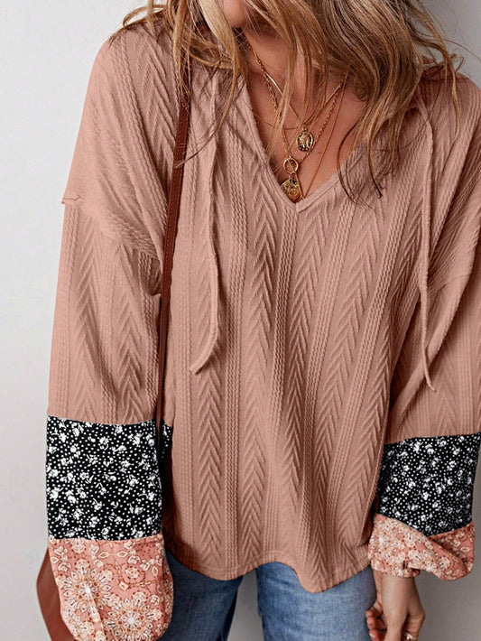 Boho Retro 90's Vintage Ditsy Floral V Neck Cable Knit Print  Bubble Puff Long Sleeve Tunic Drawstring Top Sweater
