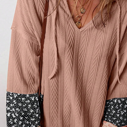 Boho Retro 90's Vintage Ditsy Floral V Neck Cable Knit Print  Bubble Puff Long Sleeve Tunic Drawstring Top Sweater
