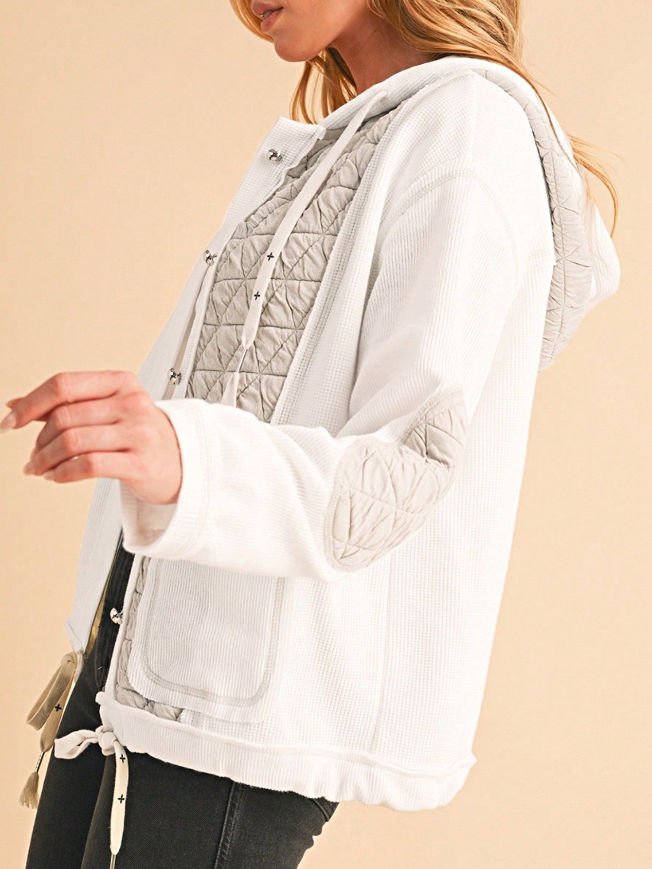 Boho Retro 90's  Classic Cream Beige Ribbed Quilted Textured Hooded Button Jacket Cardigan Outer