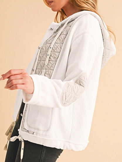 Boho Retro 90's  Classic Cream Beige Ribbed Quilted Textured Hooded Button Jacket Cardigan Outer