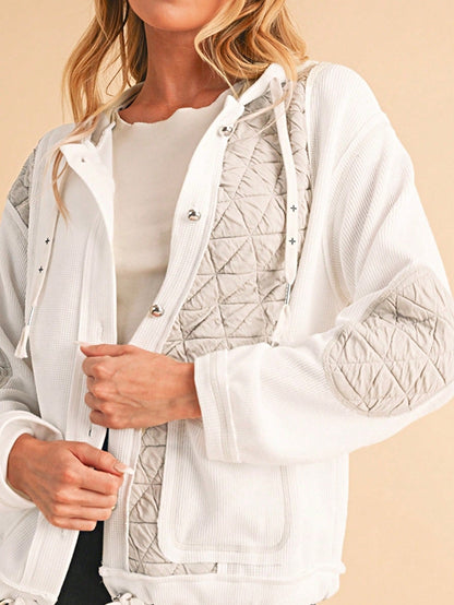 Boho Retro 90's  Classic Cream Beige Ribbed Quilted Textured Hooded Button Jacket Cardigan Outer