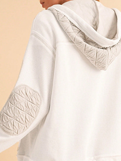 Boho Retro 90's  Classic Cream Beige Ribbed Quilted Textured Hooded Button Jacket Cardigan Outer
