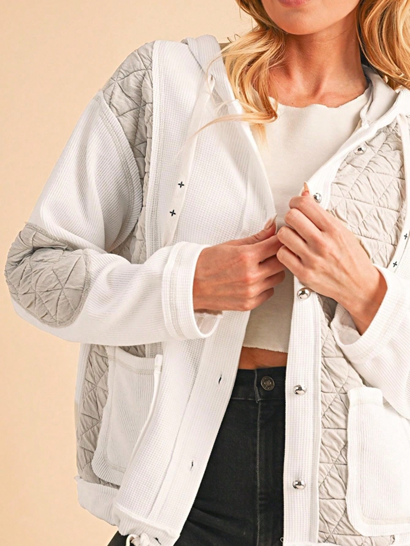 Boho Retro 90's  Classic Cream Beige Ribbed Quilted Textured Hooded Button Jacket Cardigan Outer