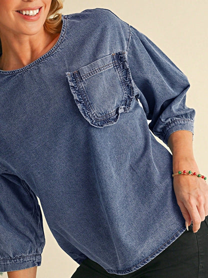 Boho Retro Vintage 90's  Crop Denim Jean Cotton Ruffle Frilled Pocket Top Shirt Blouse
