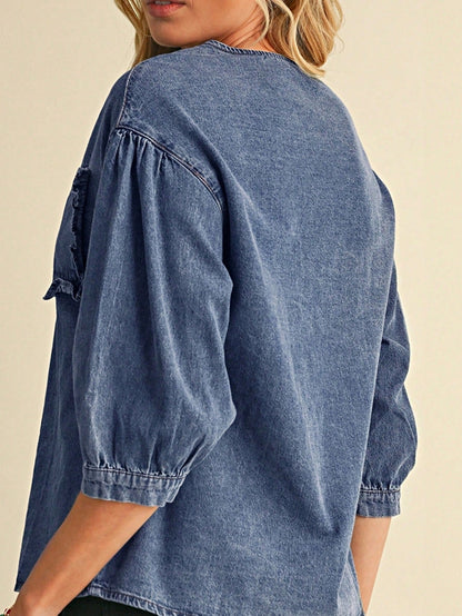 Boho Retro Vintage 90's  Crop Denim Jean Cotton Ruffle Frilled Pocket Top Shirt Blouse