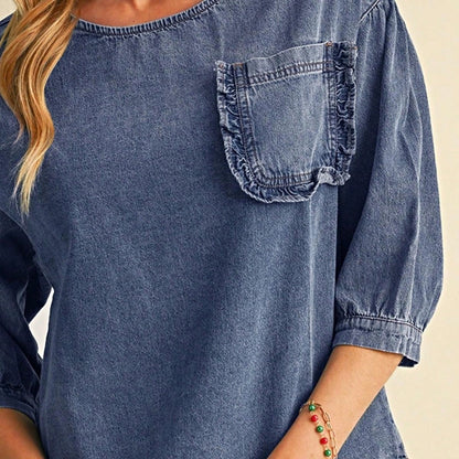 Boho Retro Vintage 90's  Crop Denim Jean Cotton Ruffle Frilled Pocket Top Shirt Blouse