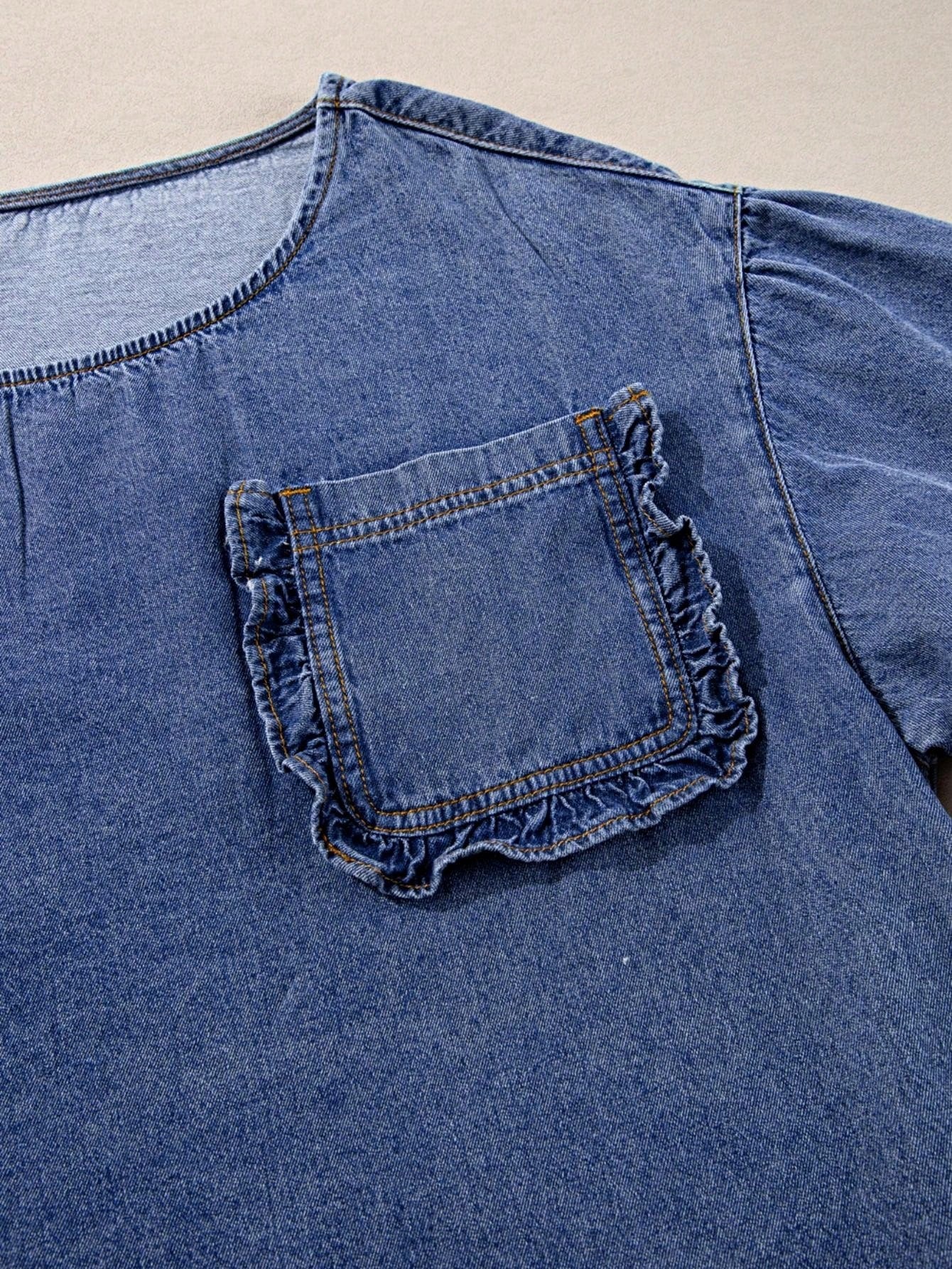 Boho Retro Vintage 90's  Crop Denim Jean Cotton Ruffle Frilled Pocket Top Shirt Blouse