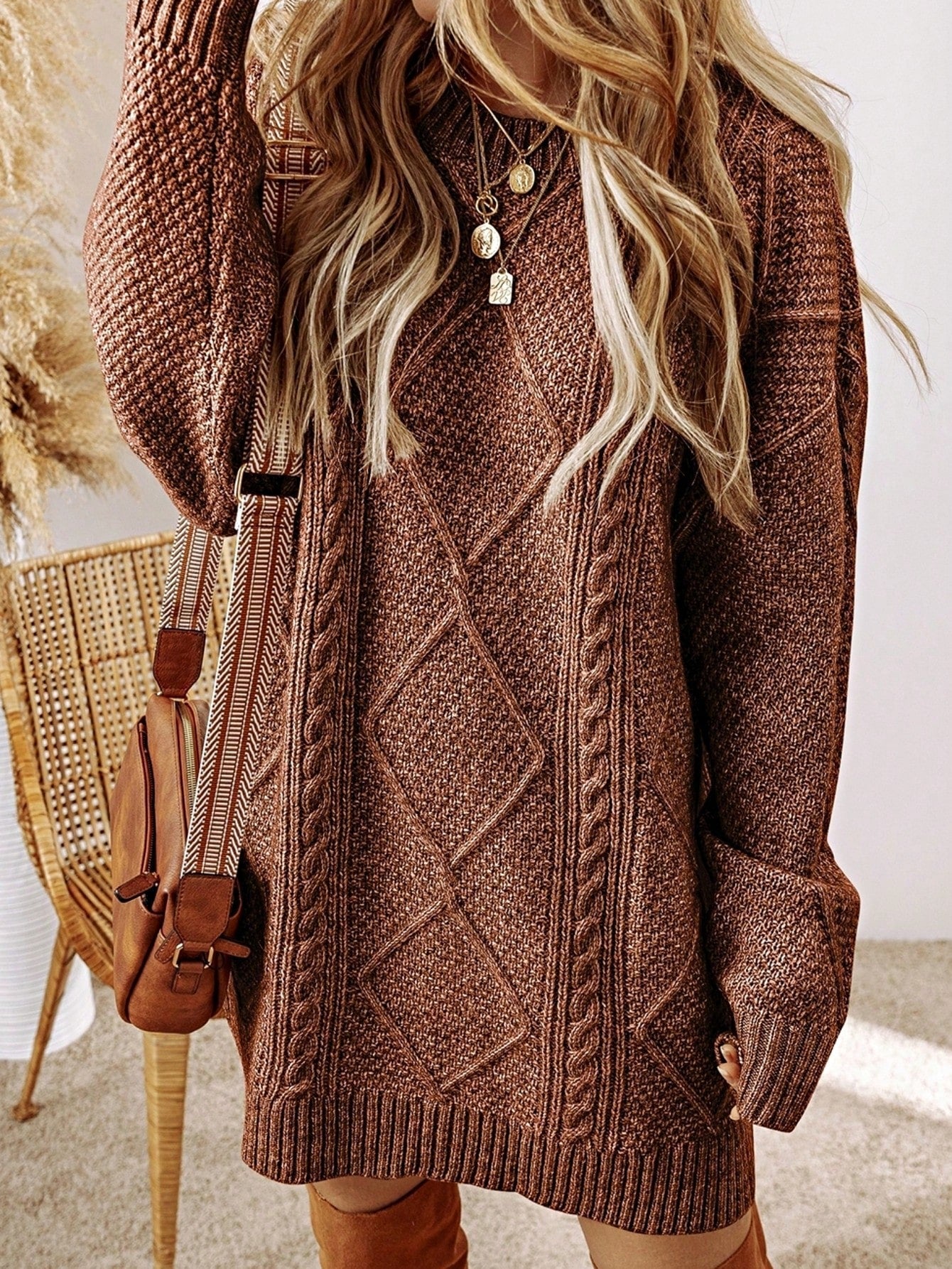 Boho Vacation 90's Cozy Fall/Winter Cable Knit Drop Shoulder Loose Fit Sweater Dress