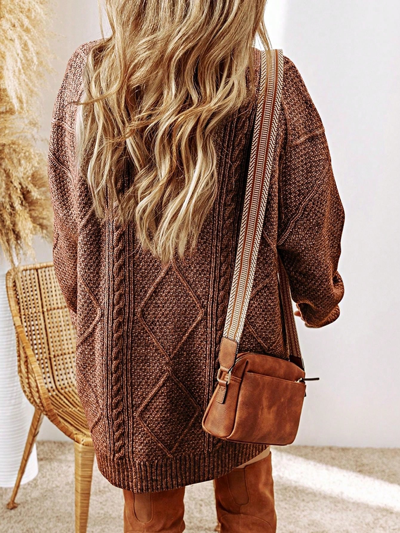 Boho Vacation 90's Cozy Fall/Winter Cable Knit Drop Shoulder Loose Fit Sweater Dress