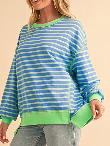 Boho Retro 90's Cotton Mix  Drop Shoulder Pink Mint Stripe Color Block Oversized Dolman T Shirt Top Shirt Blouse | Small-3 XL