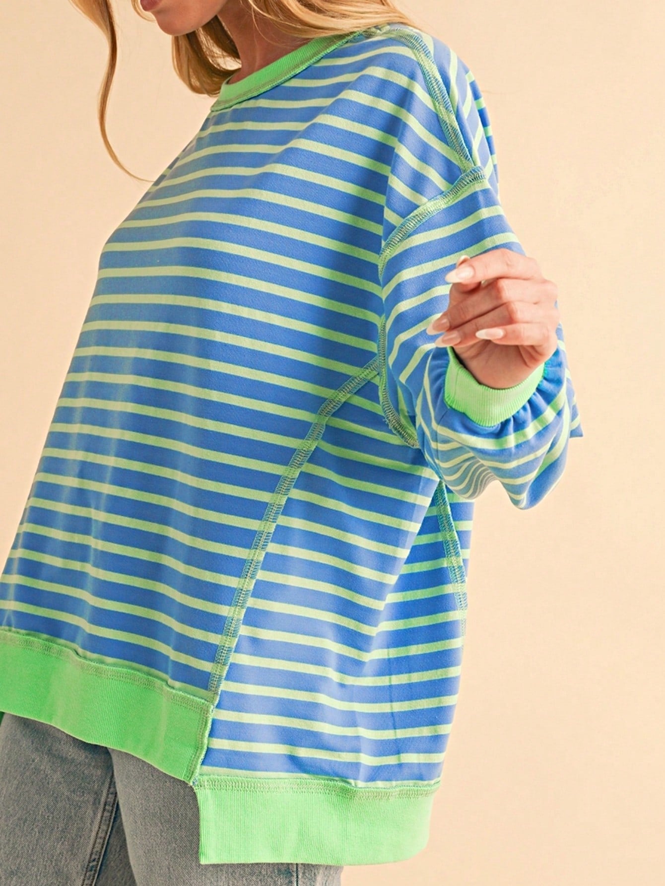 Boho Retro 90's Cotton Mix  Drop Shoulder Pink Mint Stripe Color Block Oversized Dolman T Shirt Top Shirt Blouse | Small-3 XL