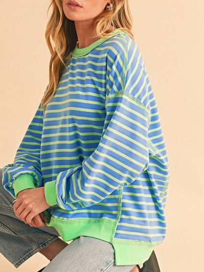 Boho Retro 90's Cotton Mix  Drop Shoulder Pink Mint Stripe Color Block Oversized Dolman T Shirt Top Shirt Blouse | Small-3 XL