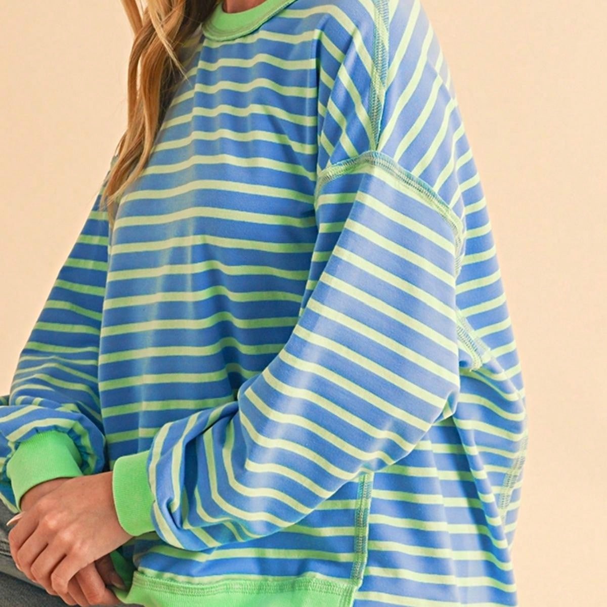 Boho Retro 90's Cotton Mix  Drop Shoulder Pink Mint Stripe Color Block Oversized Dolman T Shirt Top Shirt Blouse | Small-3 XL