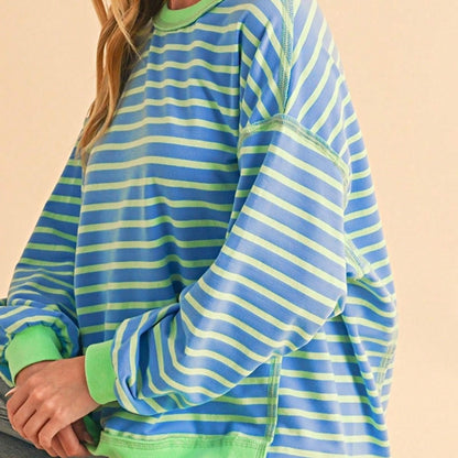 Boho Retro 90's Cotton Mix  Drop Shoulder Pink Mint Stripe Color Block Oversized Dolman T Shirt Top Shirt Blouse | Small-3 XL