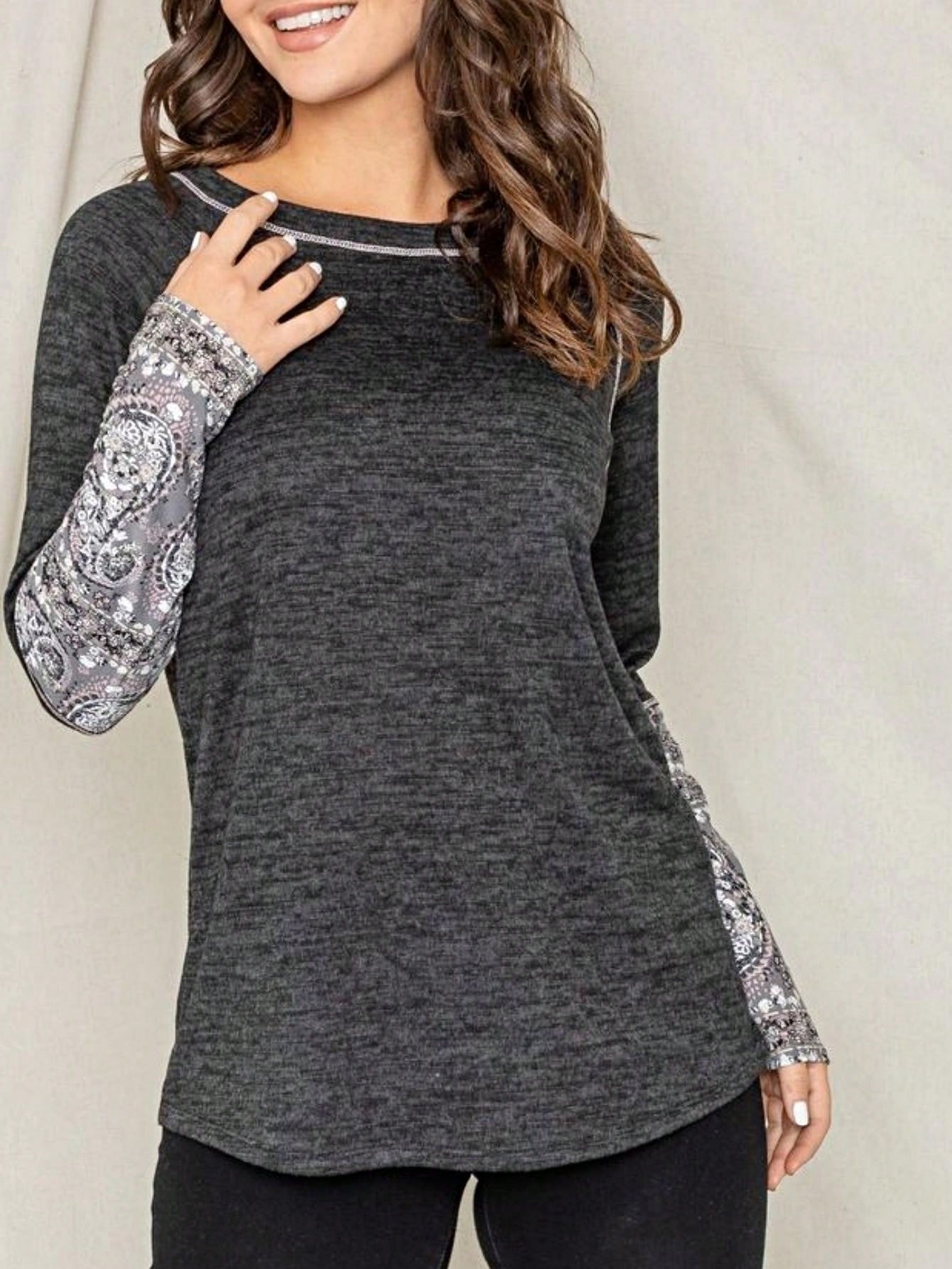 Boho Retro 90's Vintage Out Stitch Raglan Sleeve Cuff Paisley Plaid Checker Christmas Stripe Leopard  Accented Knit Top Shirt Blouse