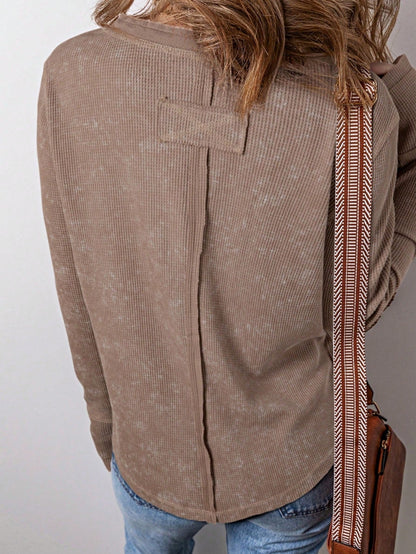 Boho Retro 90's Vintage Cotton Button V Neck Waffle Knit Top With Cuff Accent Blouse Shirt