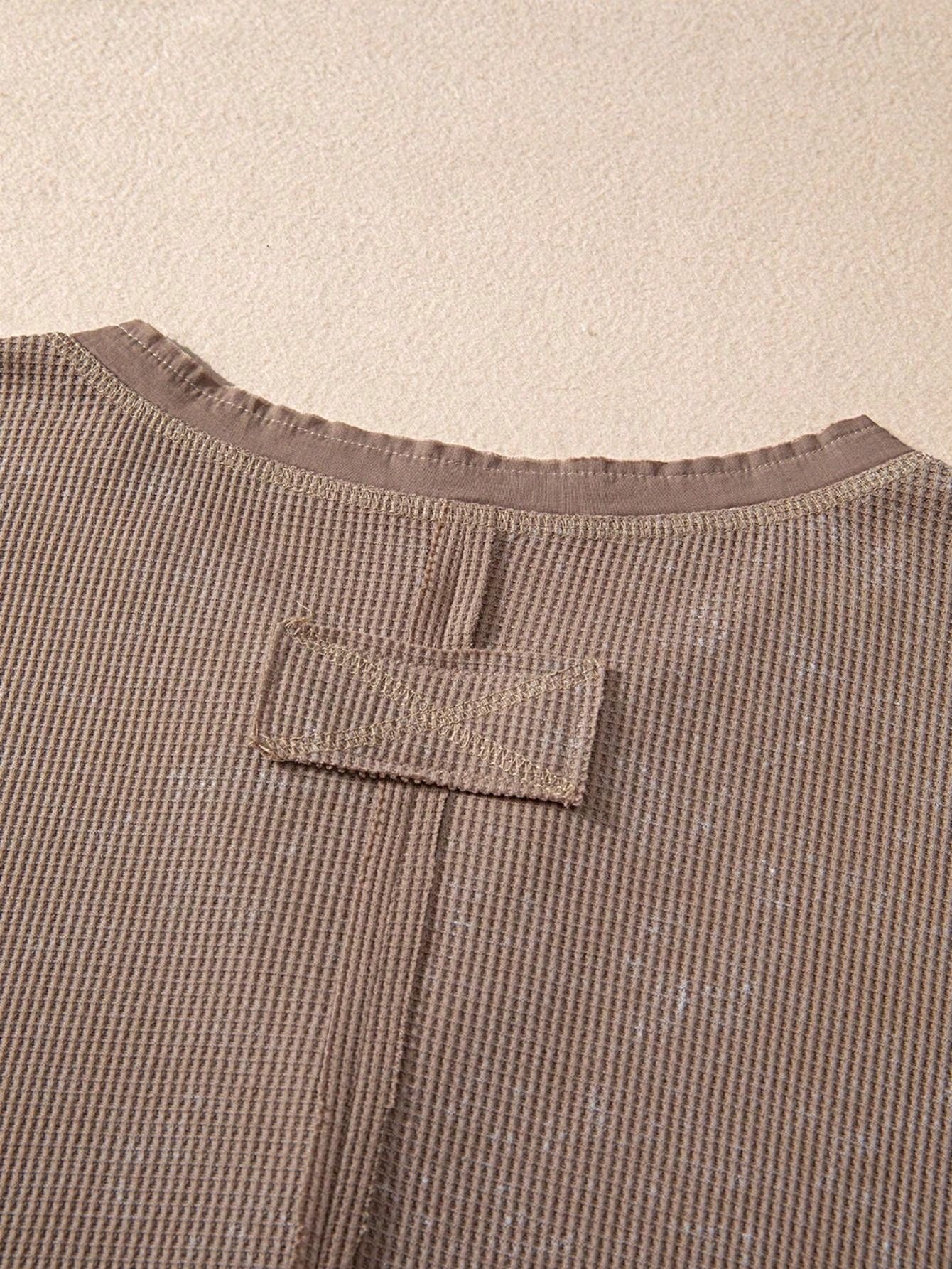 Boho Retro 90's Vintage Cotton Button V Neck Waffle Knit Top With Cuff Accent Blouse Shirt