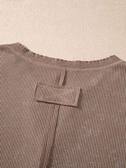 Boho Retro 90's Vintage Cotton Button V Neck Waffle Knit Top With Cuff Accent Blouse Shirt