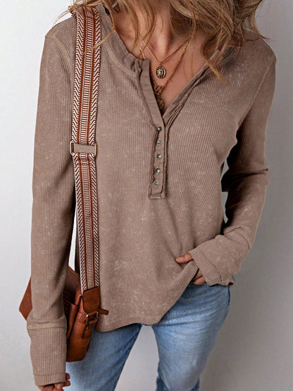 Boho Retro 90's Vintage Cotton Button V Neck Waffle Knit Top With Cuff Accent Blouse Shirt