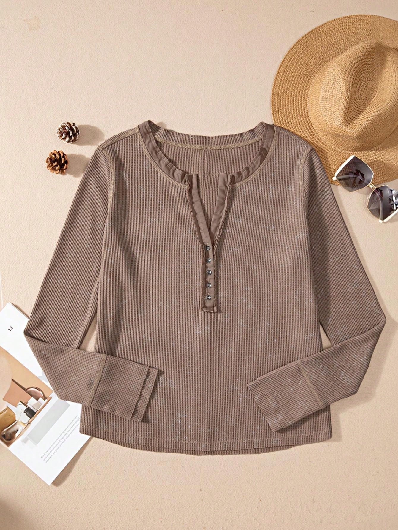 Boho Retro 90's Vintage Cotton Button V Neck Waffle Knit Top With Cuff Accent Blouse Shirt