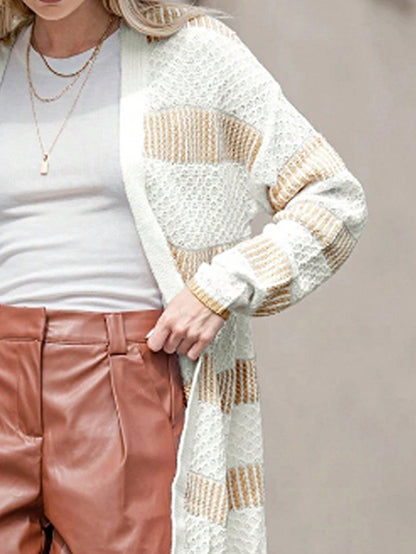 Boho Retro Crochet Knit Hollow Light Weight Beige Ivory Stripe Batwing Sleeve Oversized Boyfriend Cardigan