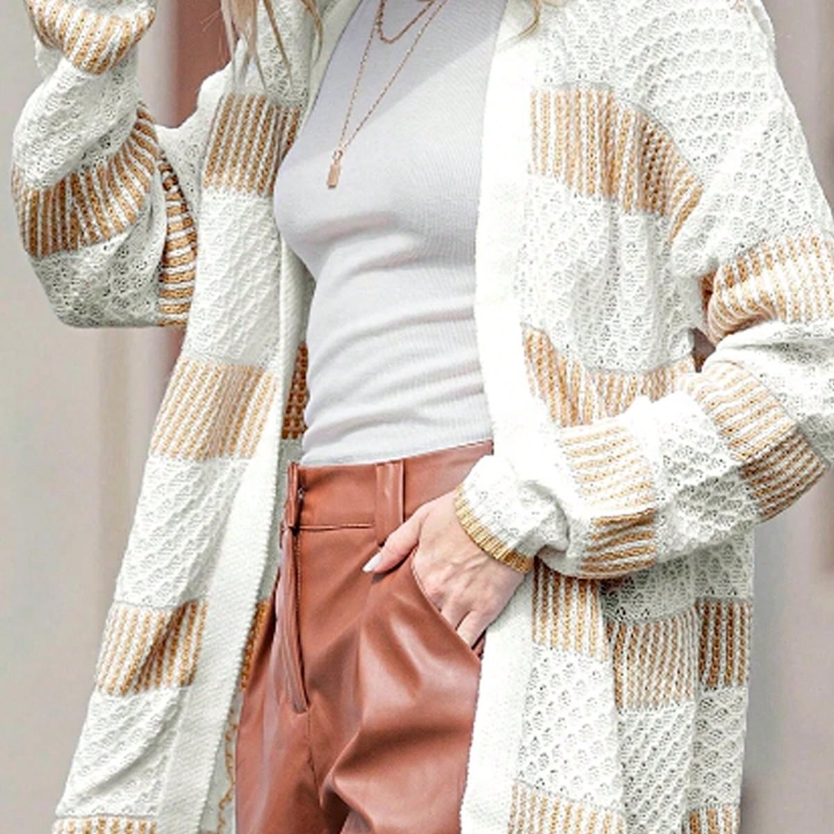 Boho Retro Crochet Knit Hollow Light Weight Beige Ivory Stripe Batwing Sleeve Oversized Boyfriend Cardigan