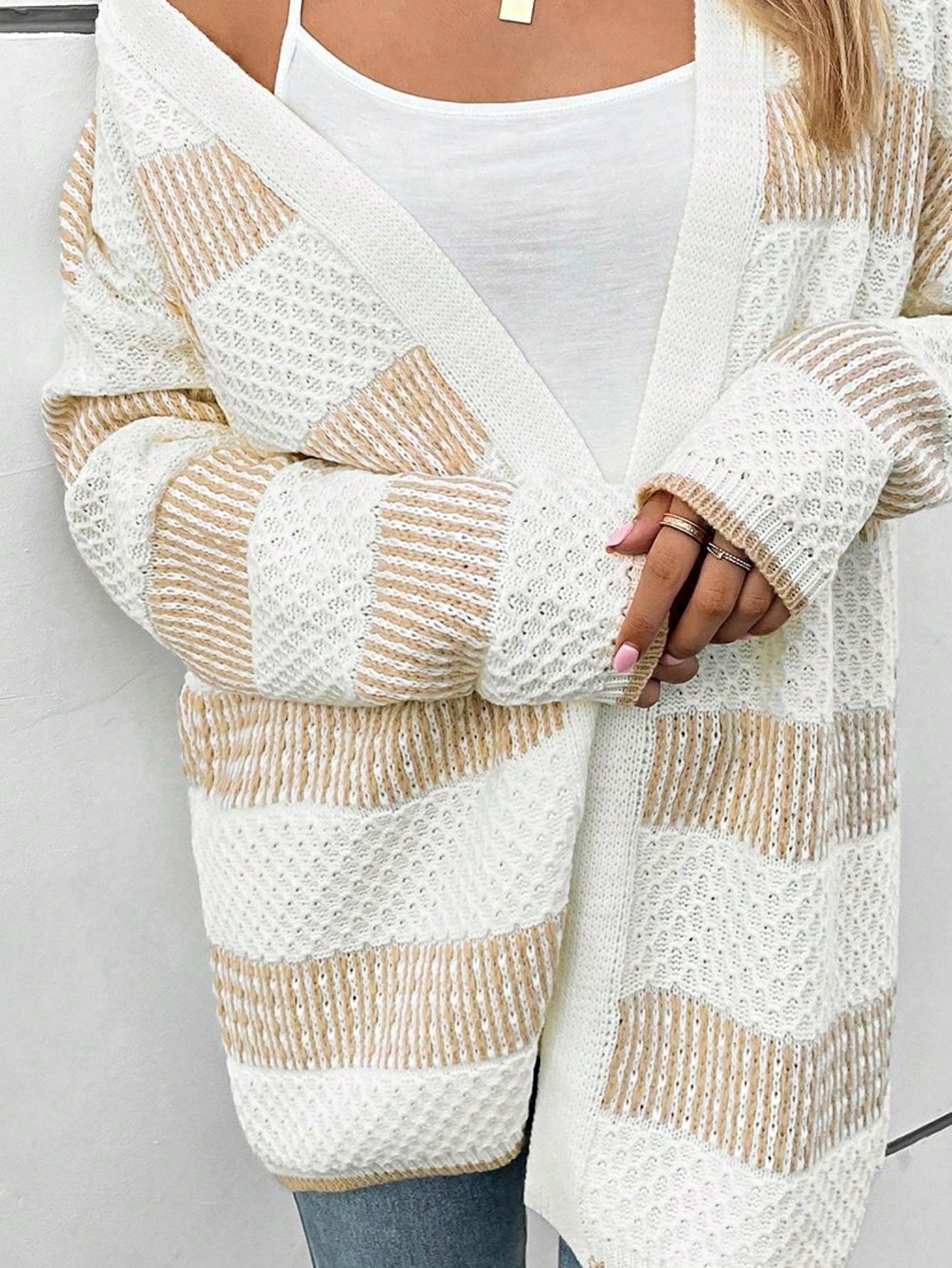 Boho Retro Crochet Knit Hollow Light Weight Beige Ivory Stripe Batwing Sleeve Oversized Boyfriend Cardigan