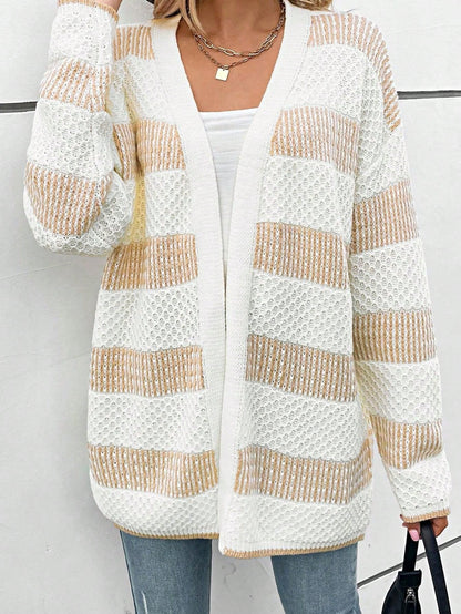 Boho Retro Crochet Knit Hollow Light Weight Beige Ivory Stripe Batwing Sleeve Oversized Boyfriend Cardigan