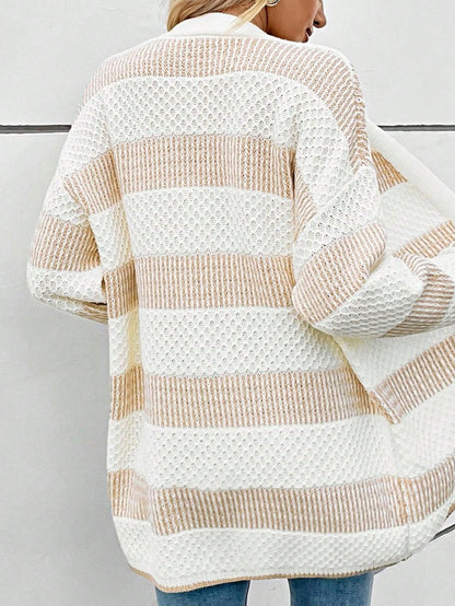 Boho Retro Crochet Knit Hollow Light Weight Beige Ivory Stripe Batwing Sleeve Oversized Boyfriend Cardigan