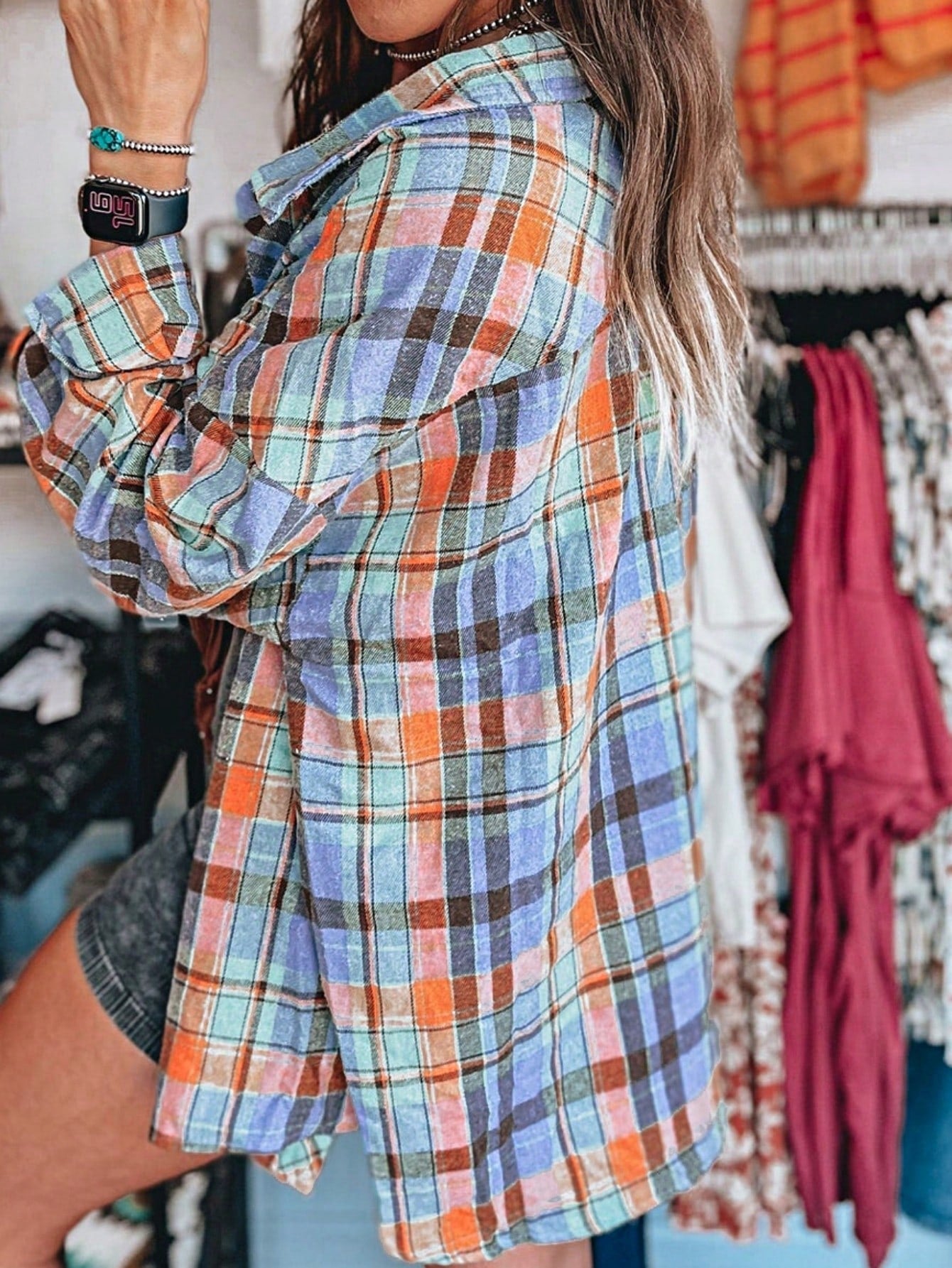 Boho Retro Button Up Vintage 90's Cotton Red Blue Plaid Print Drop Sleeve Loose Shirt Shacket