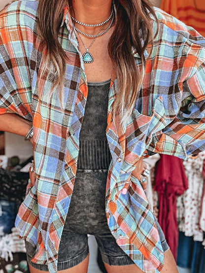 Boho Retro Button Up Vintage 90's Cotton Red Blue Plaid Print Drop Sleeve Loose Shirt Shacket