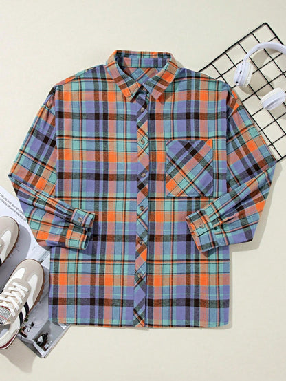 Boho Retro Button Up Vintage 90's Cotton Red Blue Plaid Print Drop Sleeve Loose Shirt Shacket