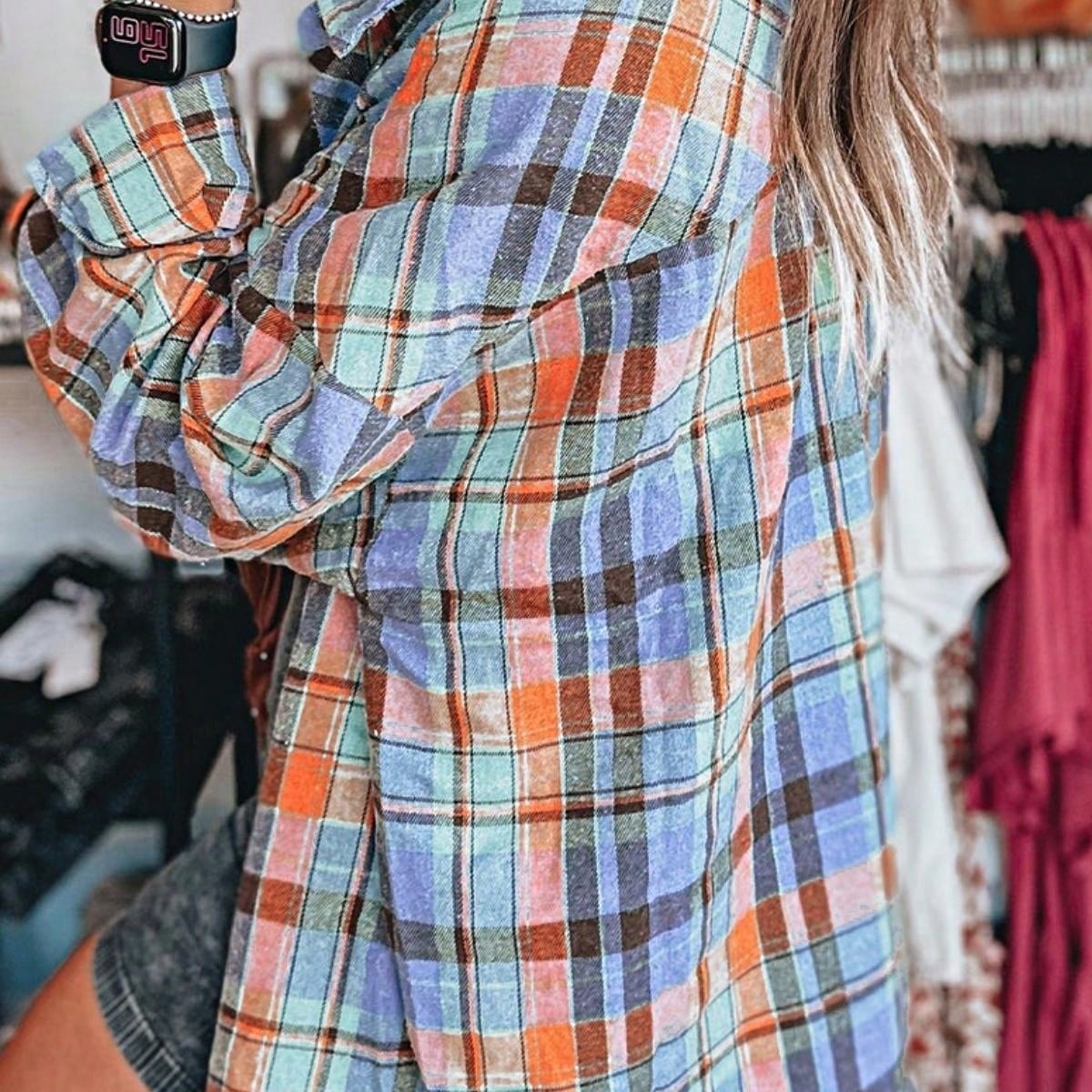 Boho Retro Button Up Vintage 90's Cotton Red Blue Plaid Print Drop Sleeve Loose Shirt Shacket
