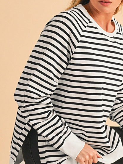 Boho Retro 90's Cotton Mix  Drop Shoulder Stripe Raglan Oversized Side Slit Dolman Shirt Top  Sweatshirt Pullover