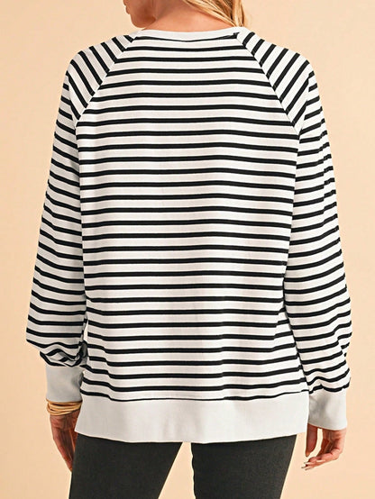 Boho Retro 90's Cotton Mix  Drop Shoulder Stripe Raglan Oversized Side Slit Dolman Shirt Top  Sweatshirt Pullover
