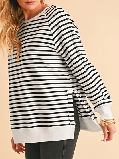 Boho Retro 90's Cotton Mix  Drop Shoulder Stripe Raglan Oversized Side Slit Dolman Shirt Top  Sweatshirt Pullover