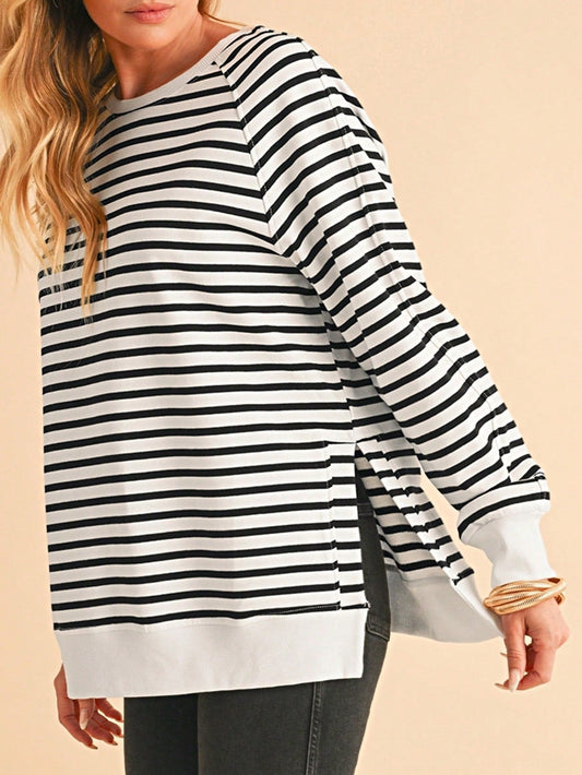 Boho Retro 90's Cotton Mix  Drop Shoulder Stripe Raglan Oversized Side Slit Dolman Shirt Top  Sweatshirt Pullover