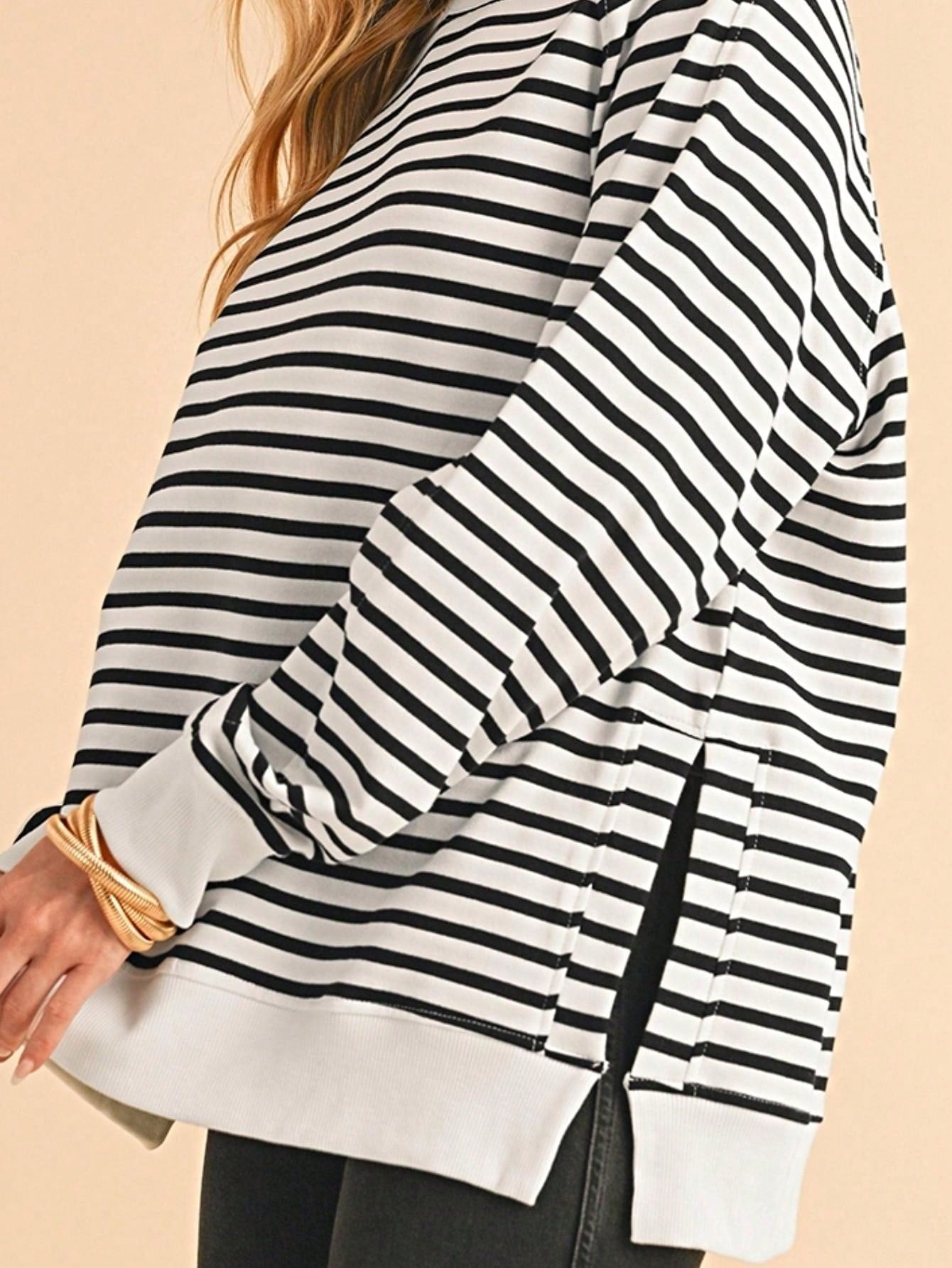Boho Retro 90's Cotton Mix  Drop Shoulder Stripe Raglan Oversized Side Slit Dolman Shirt Top  Sweatshirt Pullover