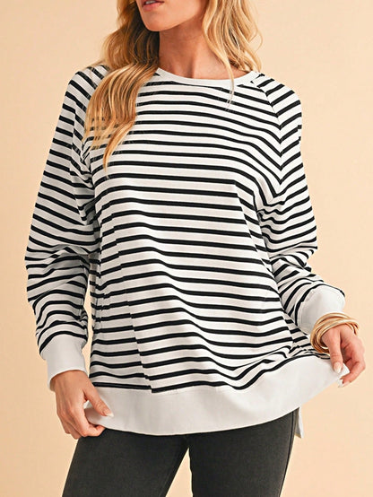 Boho Retro 90's Cotton Mix  Drop Shoulder Stripe Raglan Oversized Side Slit Dolman Shirt Top  Sweatshirt Pullover
