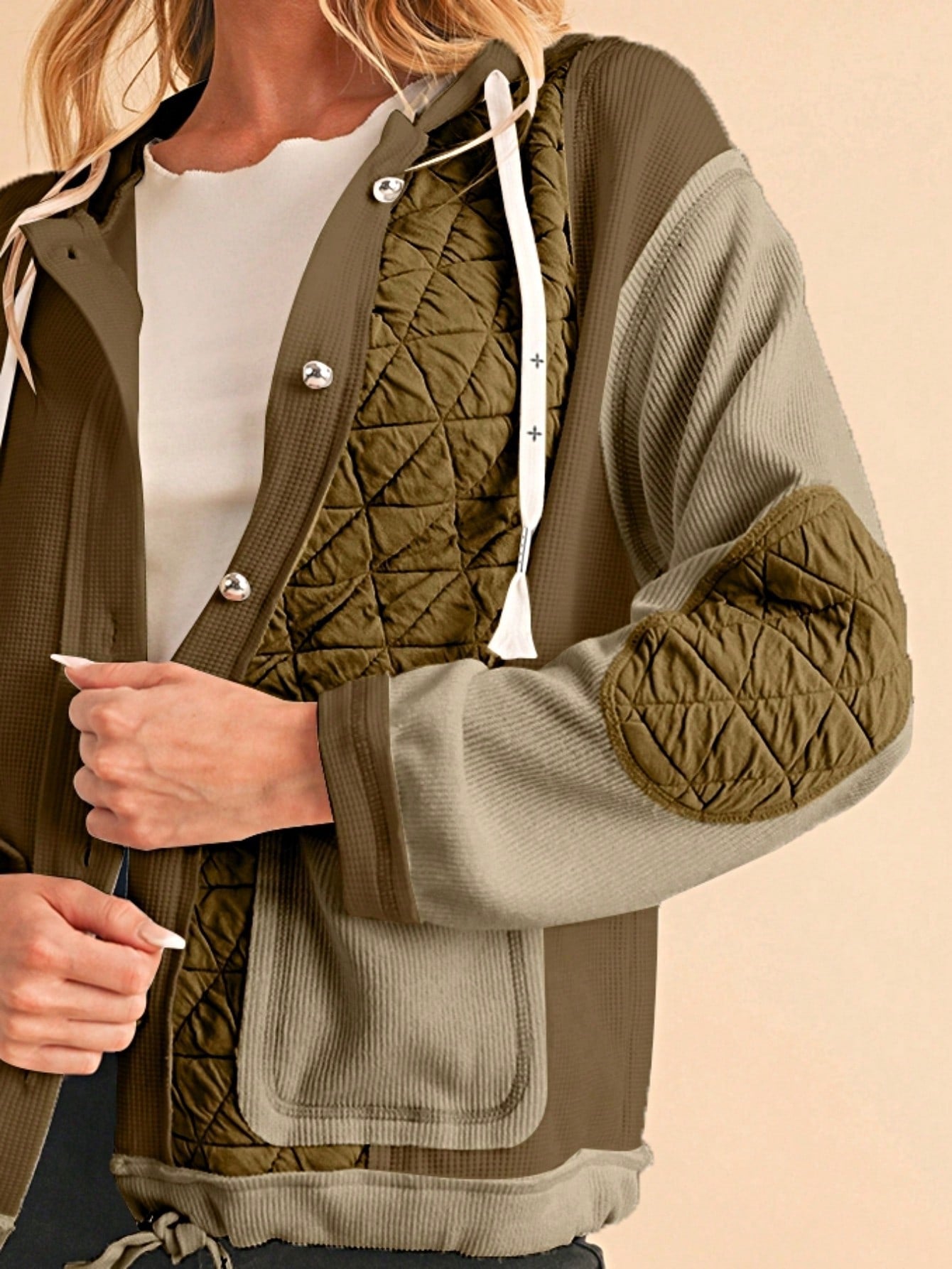 Boho Retro 90's  Classic Cream Beige Ribbed Quilted Textured Hooded Button Jacket Cardigan Outer