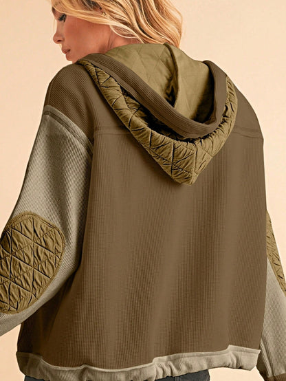 Boho Retro 90's  Classic Cream Beige Ribbed Quilted Textured Hooded Button Jacket Cardigan Outer