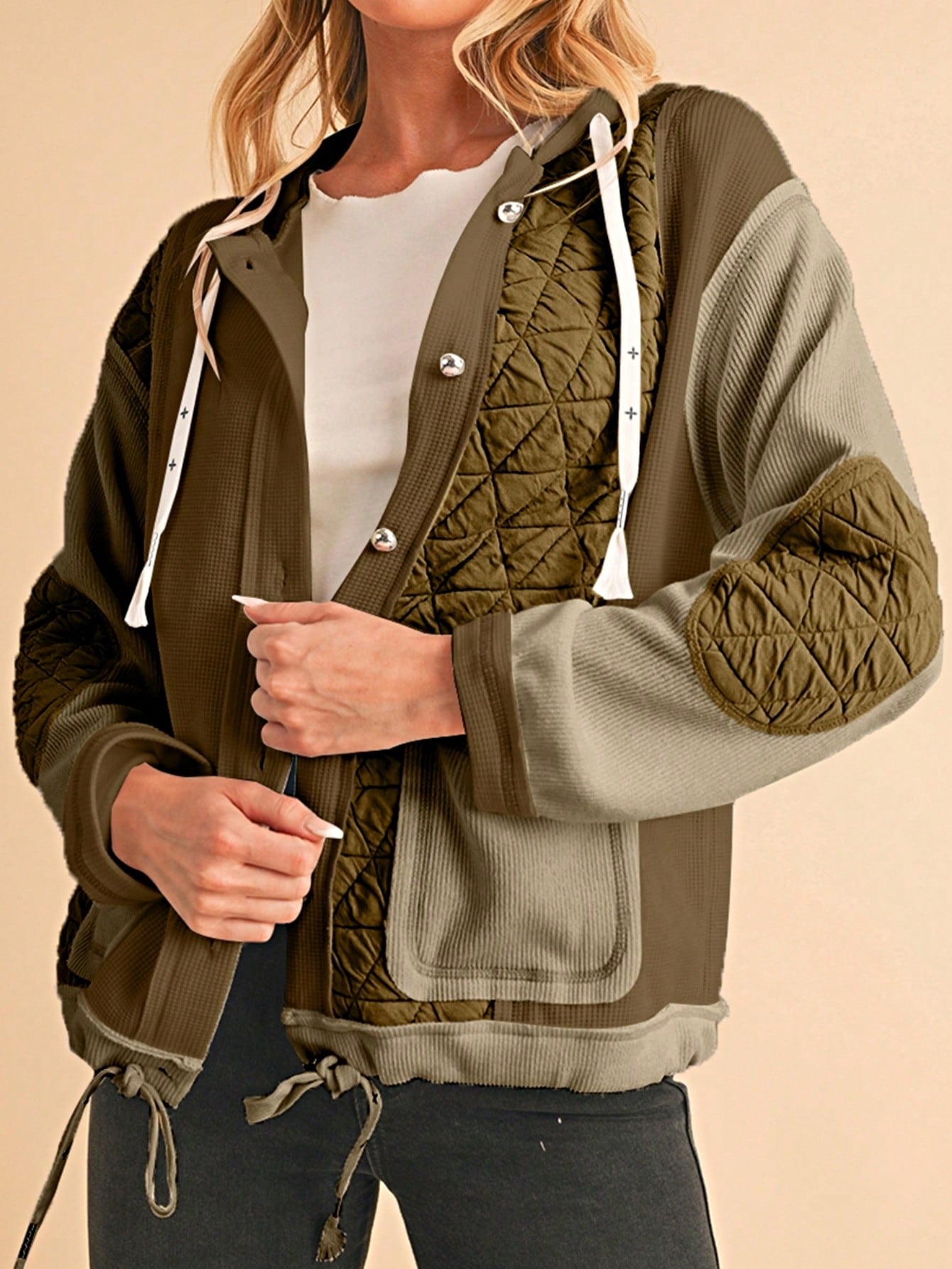 Boho Retro 90's  Classic Cream Beige Ribbed Quilted Textured Hooded Button Jacket Cardigan Outer