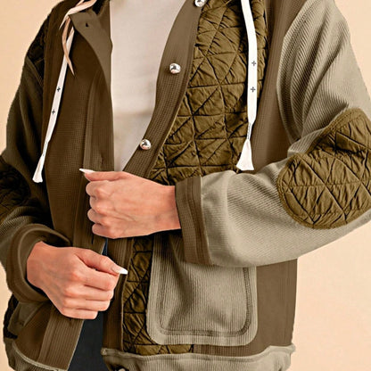 Boho Retro 90's  Classic Cream Beige Ribbed Quilted Textured Hooded Button Jacket Cardigan Outer